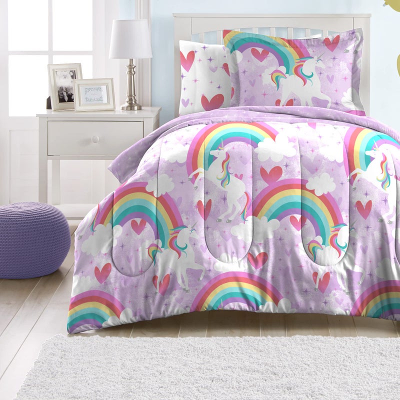 dream FACTORY Kids 5-Piece Complete Set Easy-Wash Super Soft Microfiber Comforter Bedding, Twin, Purple Unicorn Rainbow - Image 1